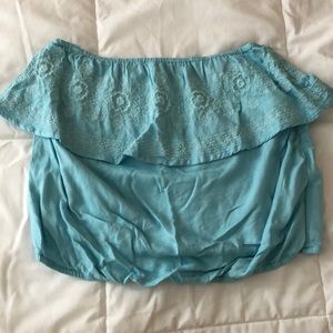 blue tube top with flower embroidery